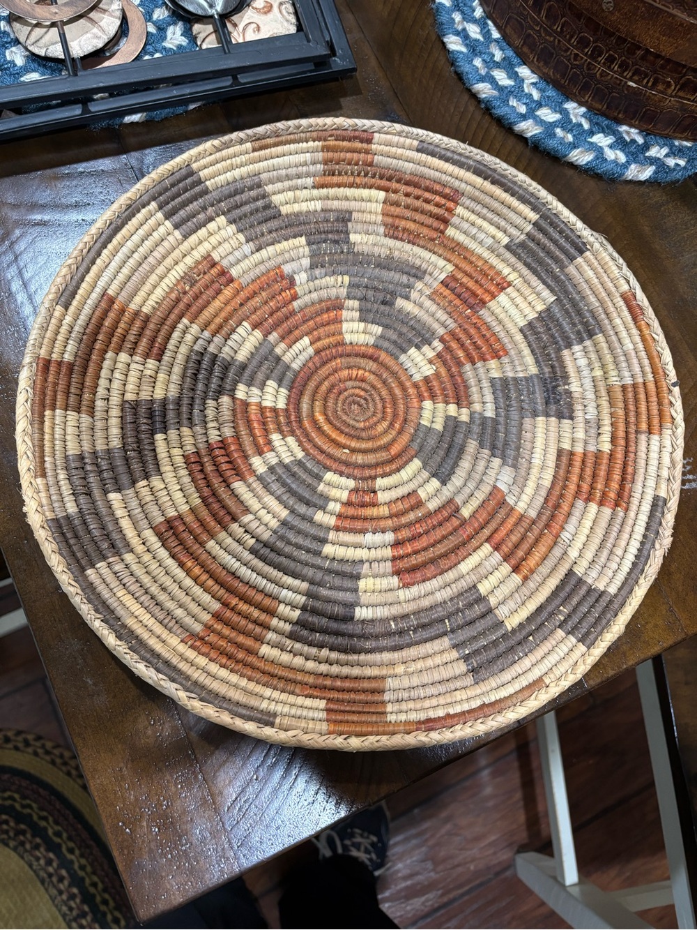 Handwoven Decorative Round Basket Tray - Natural Cream, Rust & Gray - Picture 2 of 8